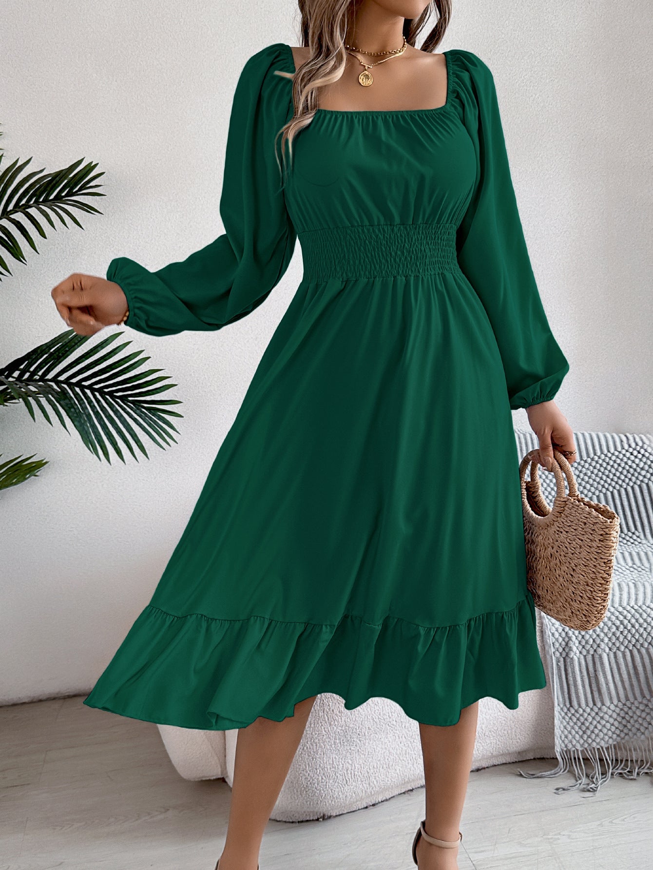 Spring Summer Casual Solid Color Square Collar Long Sleeve Waist Trimming Ruffles A line Dress Women Clothing by Ragazza