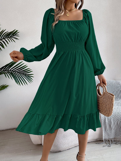 Spring Summer Casual Solid Color Square Collar Long Sleeve Waist Trimming Ruffles A line Dress Women Clothing by Ragazza