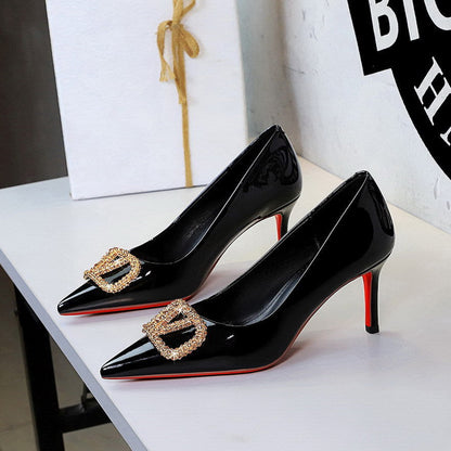 Sexy Red Background Gold Rhinestone V Buckle Pointed High Grade Patent Leather Stilettos Pumps Women  DestGlow