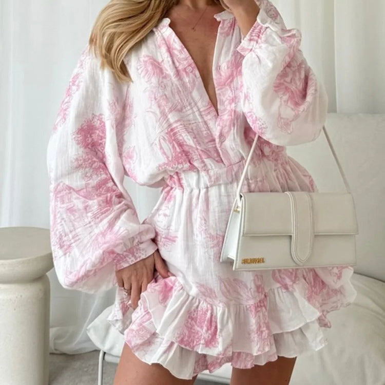 Autumn Cotton Champray Printed Casual Dress Women round Neck Long Sleeve Ruffles A line Dress by Ragazza
