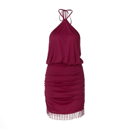 Women Clothing Autumn Lace Halter Sexy Backless Crystal Tassels Slim Fit Sheath Dress by Ragazza