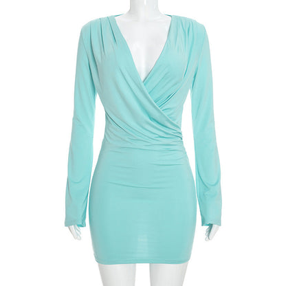 Women Clothing Autumn Sexy Deep V Plunge neck Draped Waist Sheath Short Dress  DestGlow