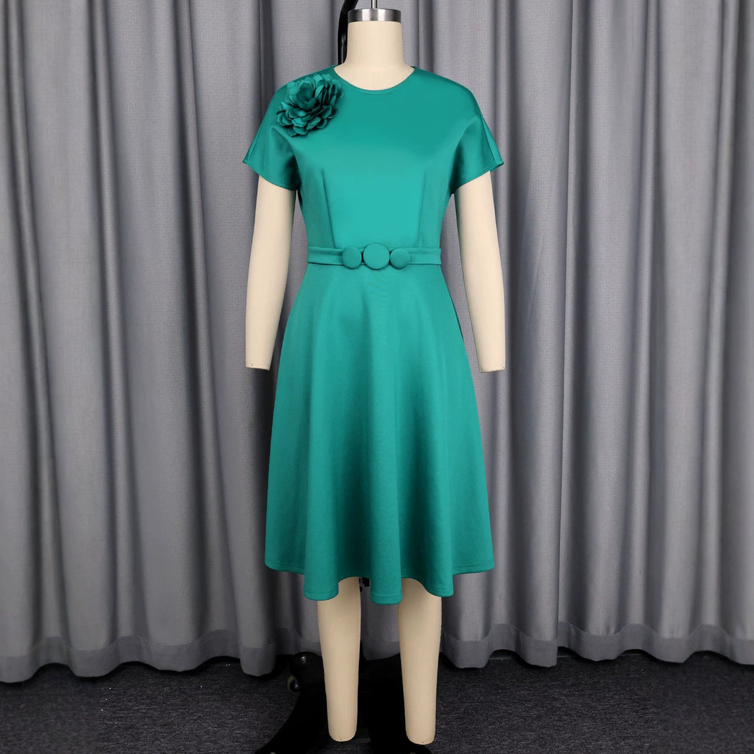 Elegant Decorative Button Dress A Swing High Waist Slimming Three Dimensional Applique Solid Color Dress by Ragazza