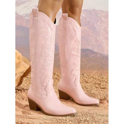 Thick Knight Boots Retro Knee High Boots Cowboy Boot Thick Heel Pointed Embroidery Thread Pattern Women Boots  DestGlow