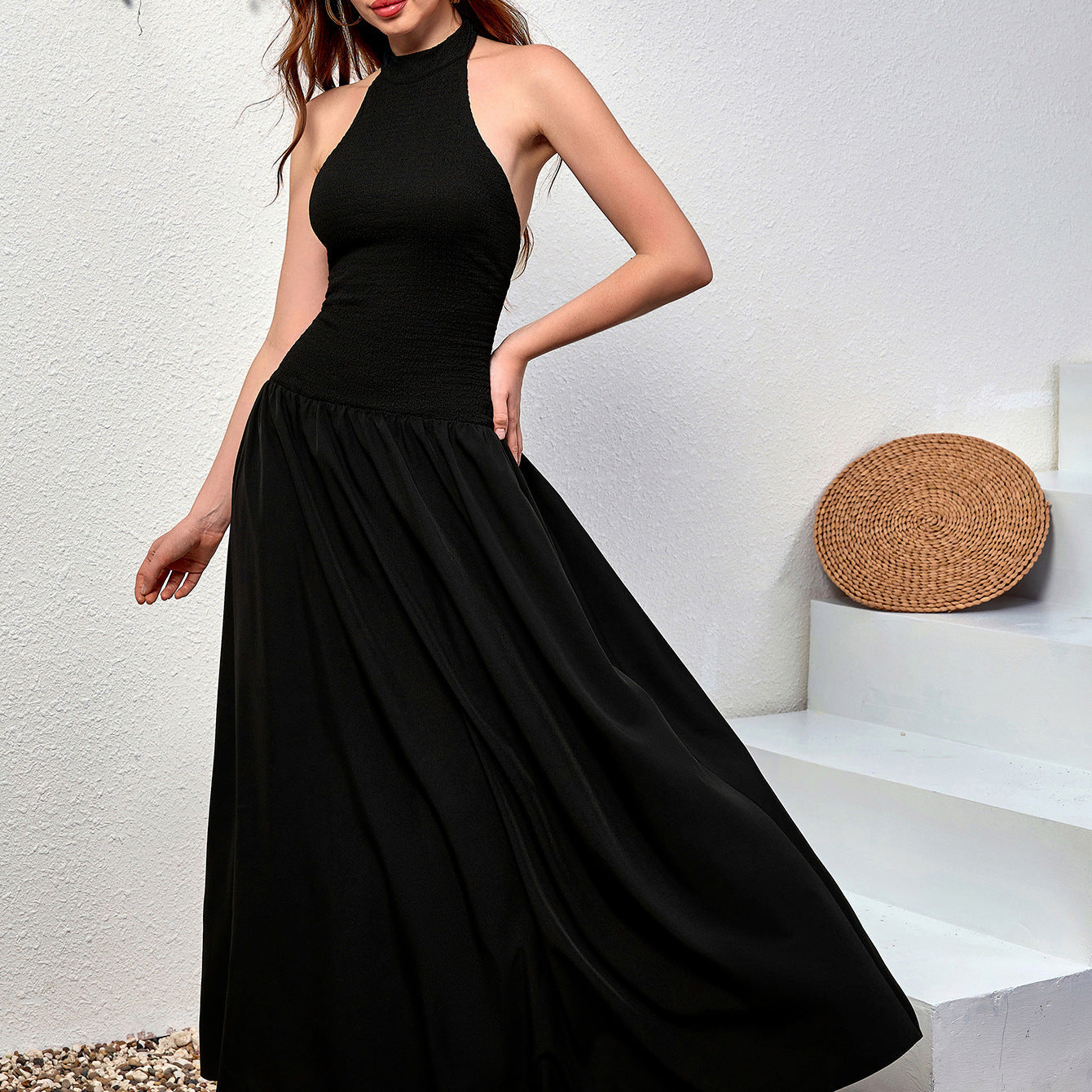 Elegant Halter Knitted Dress Sexy Backless Slim Fit A line Pleated Long Formal Dress by Ragazza