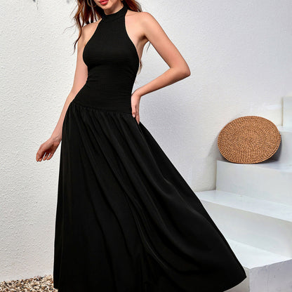 Elegant Halter Knitted Dress Sexy Backless Slim Fit A line Pleated Long Formal Dress by Ragazza