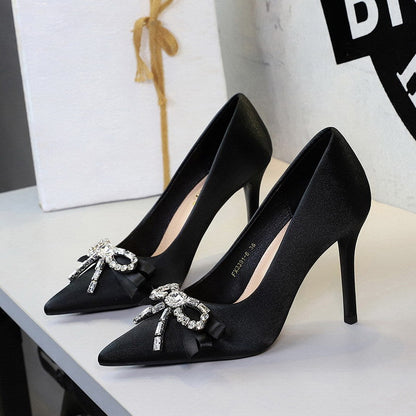 French Elegant Rhinestone Bow Super High Heel Women Shoes Pointed Toe Shallow Mouth Stiletto Heel Pumps