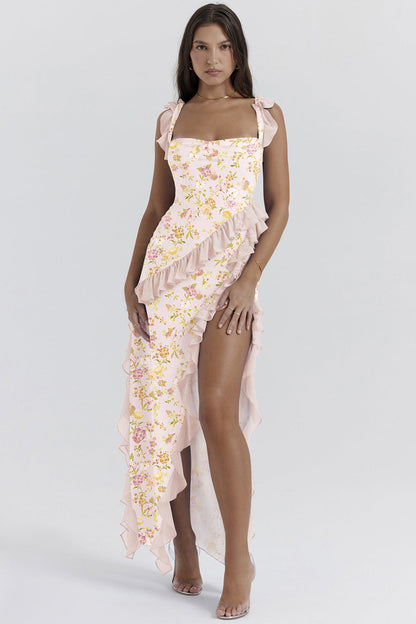Summer French Strap Wooden Ear Sexy Split Printing Dress by Ragazza