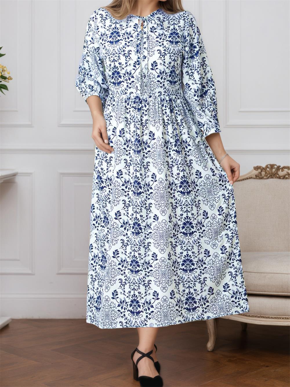 Women Printed Elegant Lace up Waist Controlled Long Sleeve Autumn Winter A line Dress by Ragazza