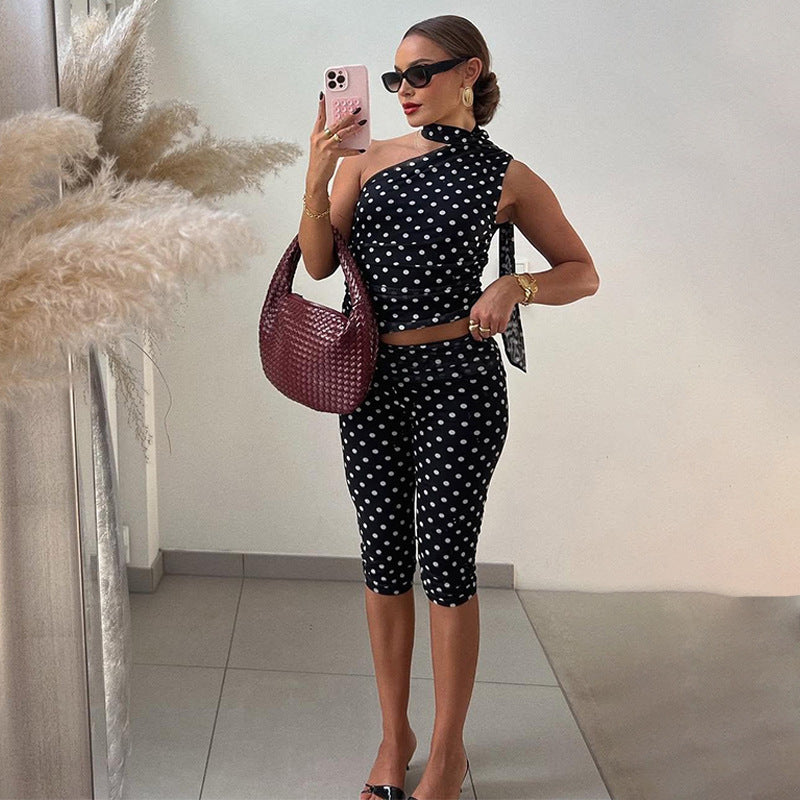 Winter Mesh Stitching Polka Dot Shoulder Diagonal Collar Top Slim Cropped Pants Set by Ragazza