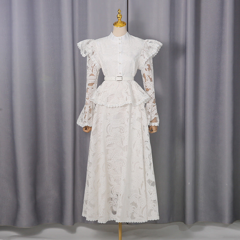 Spring French Cutout Lace Stitching Court Waist Slimming Elegant Dress for Women by Ragazza
