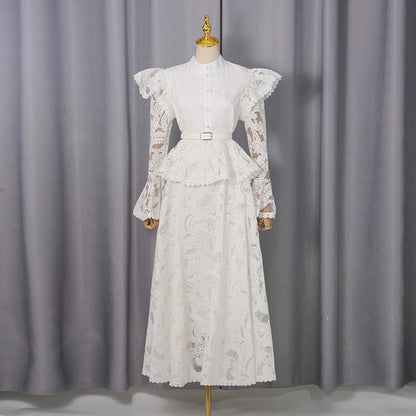 Spring French Cutout Lace Stitching Court Waist Slimming Elegant Dress for Women by Ragazza