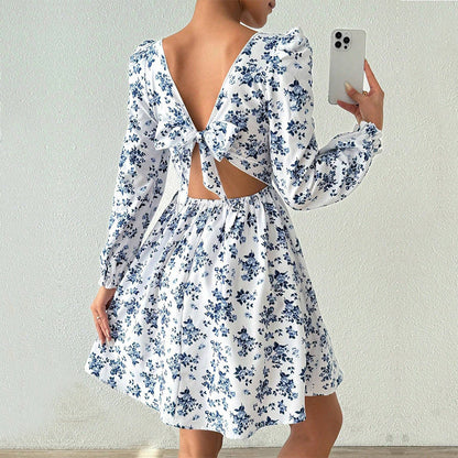 Women Clothing French Square Collar Elegant Dress Autumn Winter High Waist Backless Lace up Floral by Ragazza