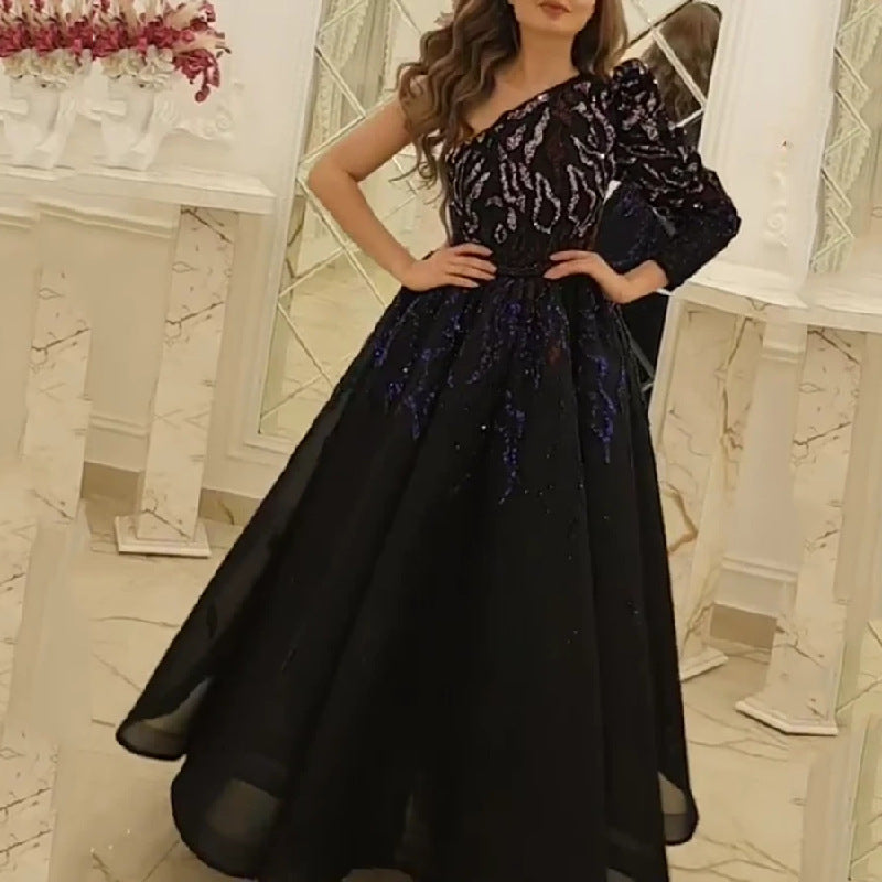 Evening Dress Cocktail Long Black Gold Annual Meeting Host Performance Dress by Ragazza