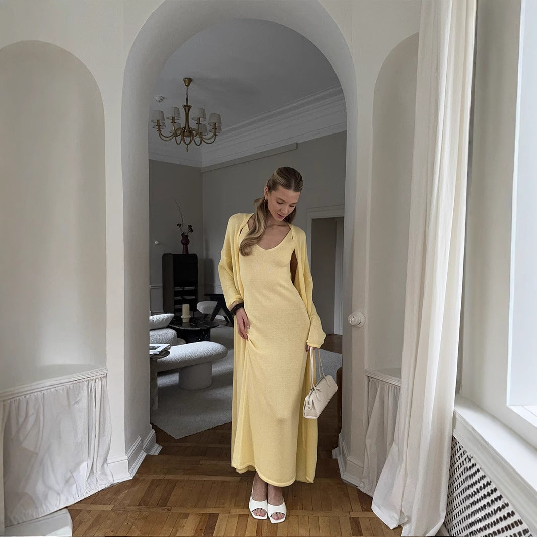 Knitted Hollow Out Cutout Vest Long Dresses Long Sleeve Cardigan Suit Women Soft Knitted Blouse  DestGlow