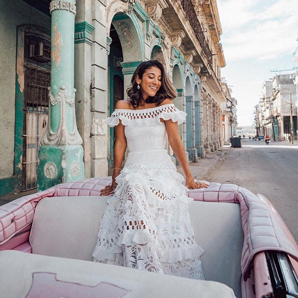 Summer Women Clothing off Shoulder Ruffled Hollow Out Cutout Wide Hem Lace Long Dress by Ragazza