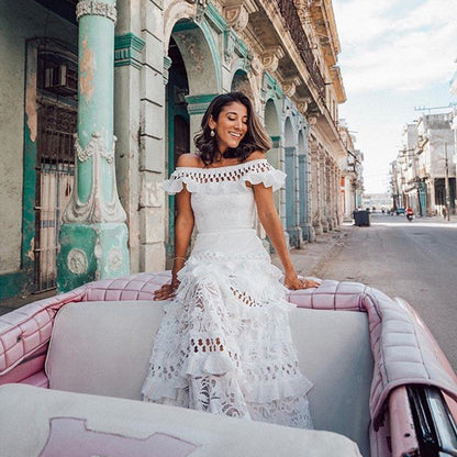 Summer Women Clothing off Shoulder Ruffled Hollow Out Cutout Wide Hem Lace Long Dress by Ragazza