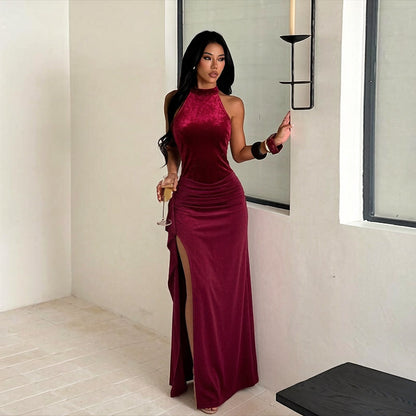 Halter Sequined Elegant Dress Sexy Split Pleated Dress for Women  DestGlow