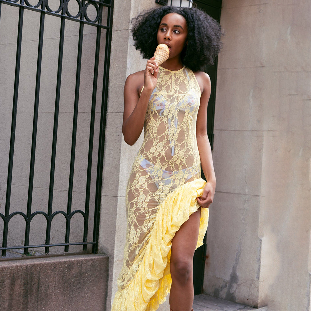 Sleeveless round Neck Dress Summer Sexy Lace See through Irregular Asymmetric Maxi Dress Women by Ragazza