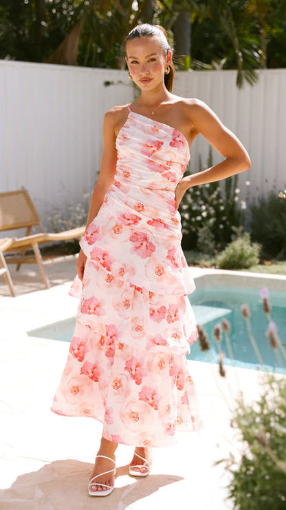 Women Summer Single Shoulder Suspender Printing Dress by Ragazza