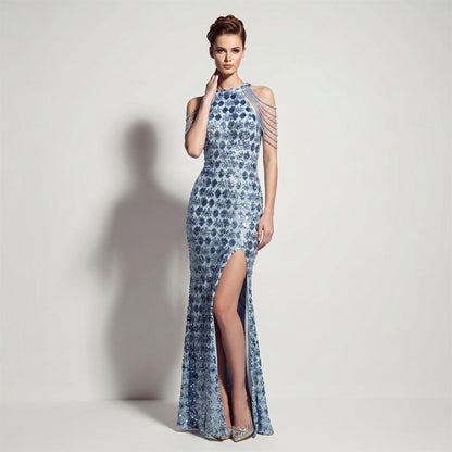 Evening Dress Sequ High Slit Tassel Shoulder Chain Cocktail Party Long Dress by Ragazza