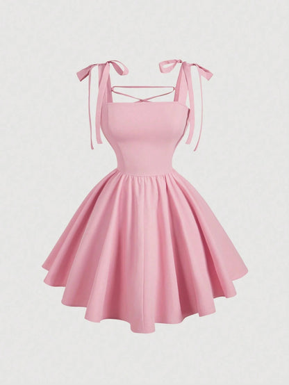 Slimming Flounce Square Collar Summer Dress French Sweet Spicy Pink Bow Bandage Sexy Sling Dress  DestGlow