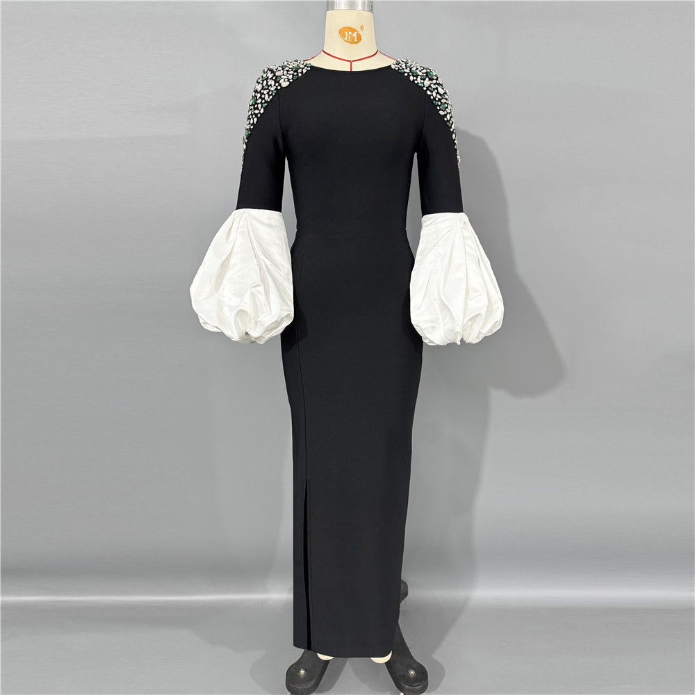 Exquisite Rhinestone Stitching Puff Sleeve Bandage One Piece Dress Debutante Gala Dinner Party Dress by Ragazza