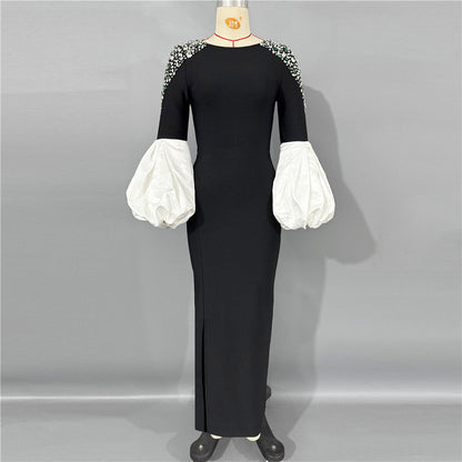 Exquisite Rhinestone Stitching Puff Sleeve Bandage One Piece Dress Debutante Gala Dinner Party Dress by Ragazza