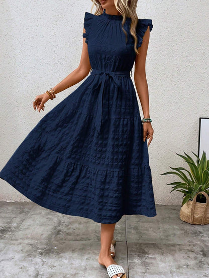 Women Clothing Summer Fashionable Stringy Selvedge Flying Sleeves Lace Up Texture Dress by Ragazza