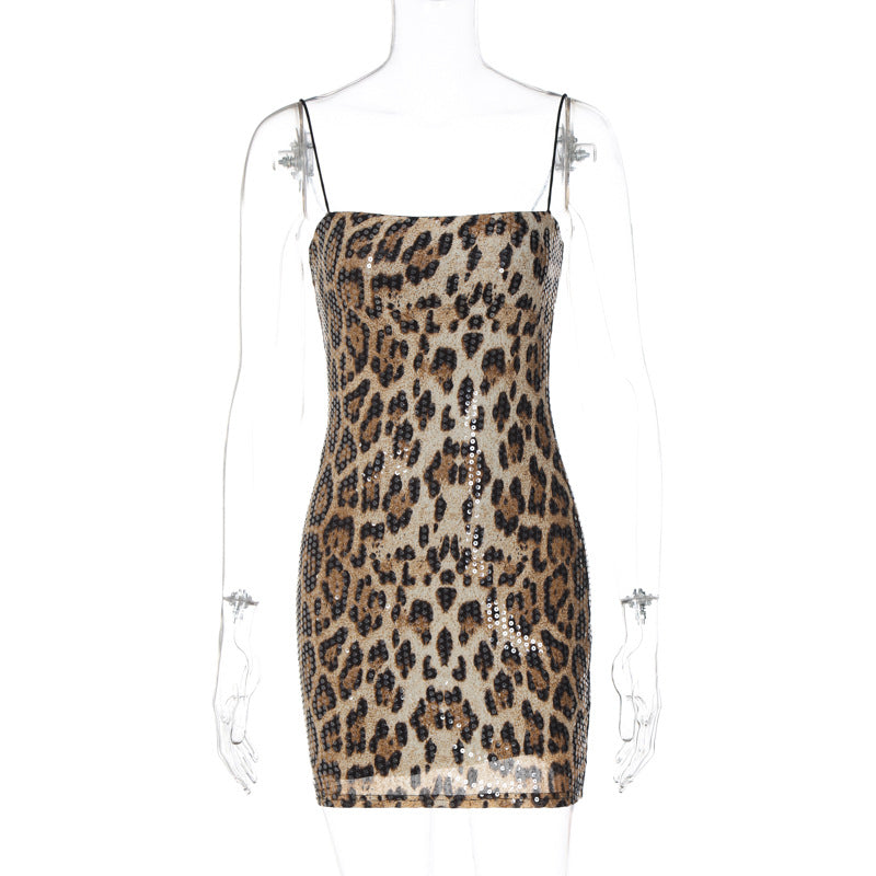 Sexy Leopard Print Street Nightclub All Match Strap Sequin Dress Women Clothing by Ragazza