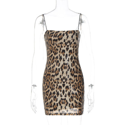 Sexy Leopard Print Street Nightclub All Match Strap Sequin Dress Women Clothing by Ragazza