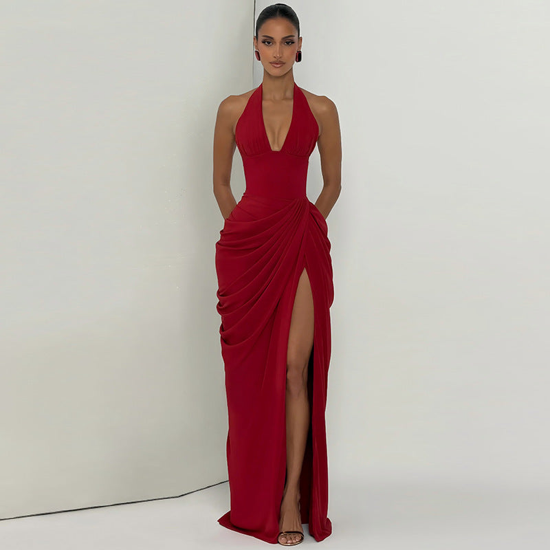 Summer Women Clothing Fashionable Halter Backless Pure Pleated Wrinkle High Sensitive Open Fork Hip Wrapped Dress  DestGlow