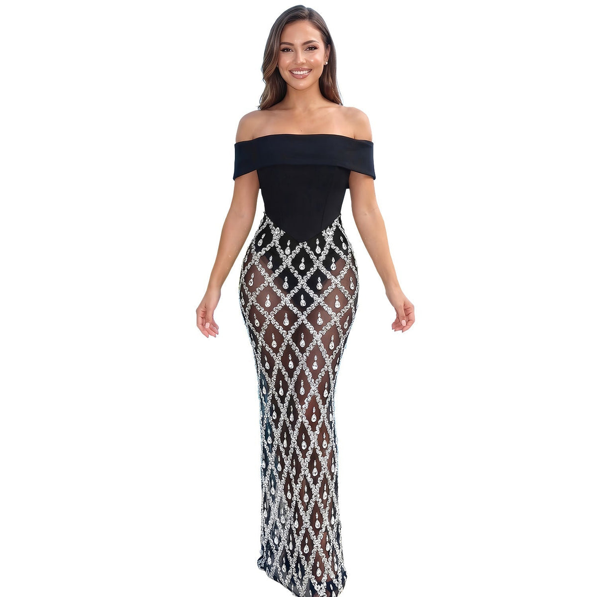 Women Clothing Sexy off the Shoulder Tube Top Fishtail Dress Rhinestone Party Dress  DestGlow