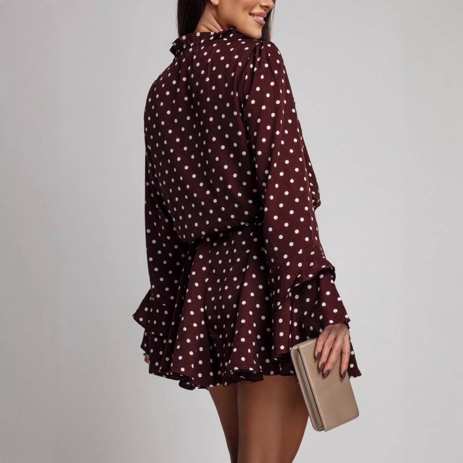 Women Polka Dot V neck Long Sleeve Dress  DestGlow