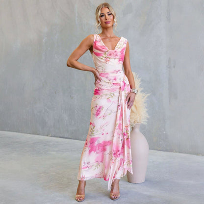 Spring Summer Floral Printed Mesh Slim Fit Backless Sexy Lacing Mid Length Dress  DestGlow