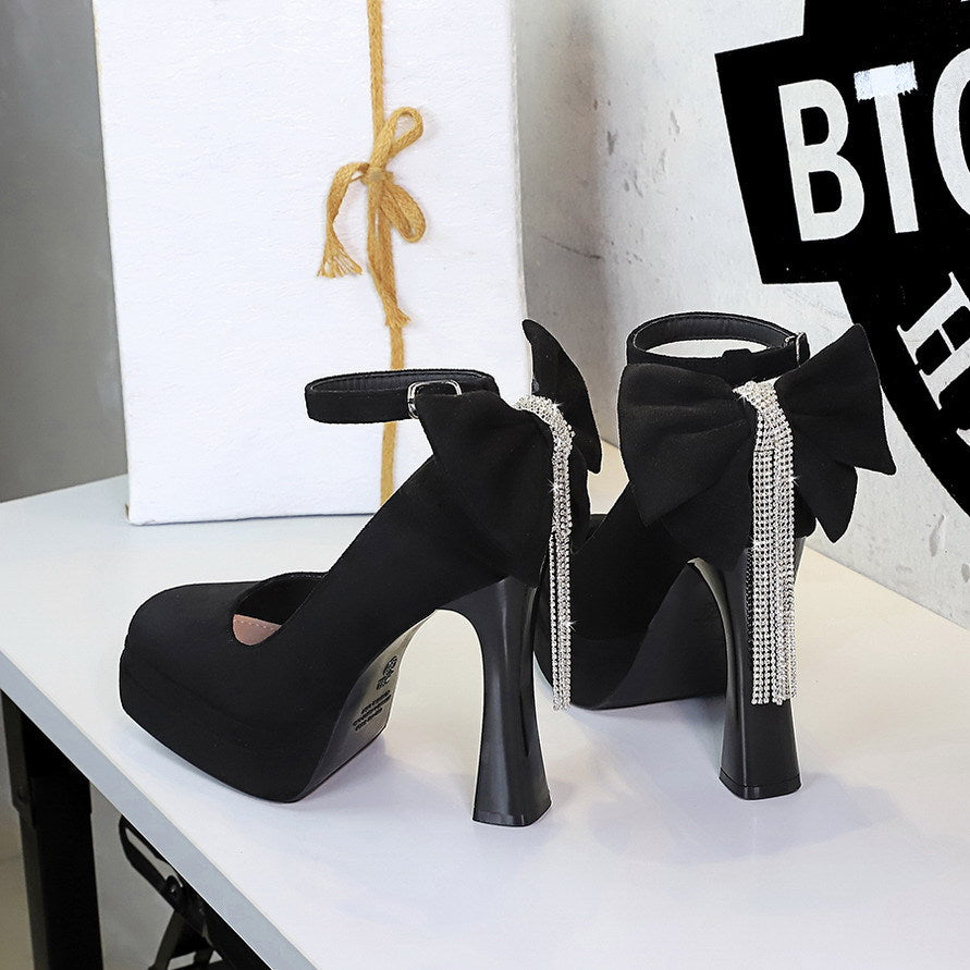 French Wind Black Cocktail round Head Super High Heel Platform Women Shoes Back Bow Rhinestone Shoes  DestGlow