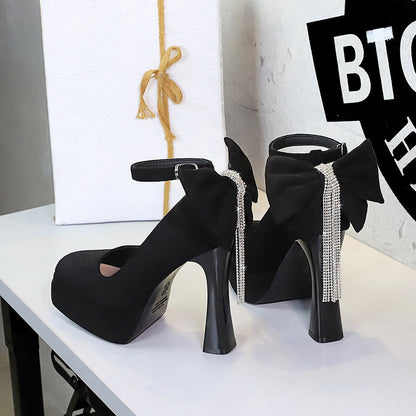 French Wind Black Cocktail round Head Super High Heel Platform Women Shoes Back Bow Rhinestone Shoes  DestGlow