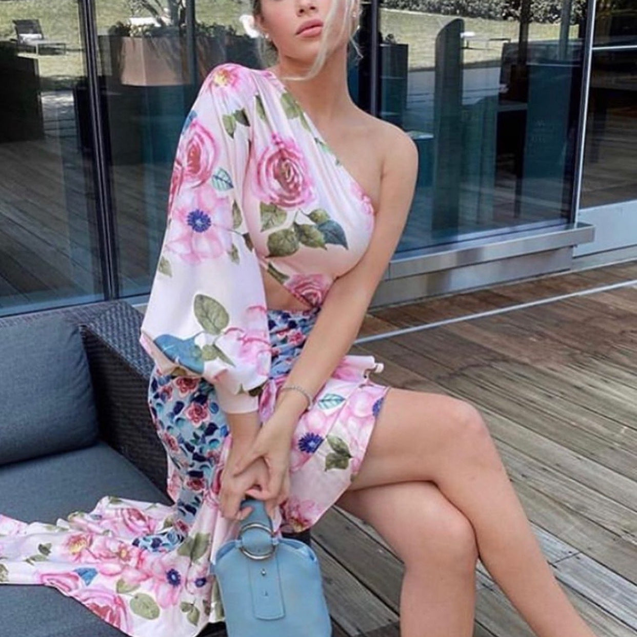 Summer Women Clothing Maxi Dress Asymmetric Tube Top Single Sleeve Waist Tight Floral Stitching Dress by Ragazza