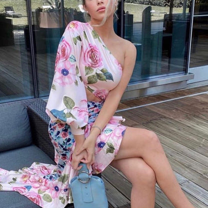 Summer Women Clothing Maxi Dress Asymmetric Tube Top Single Sleeve Waist Tight Floral Stitching Dress by Ragazza