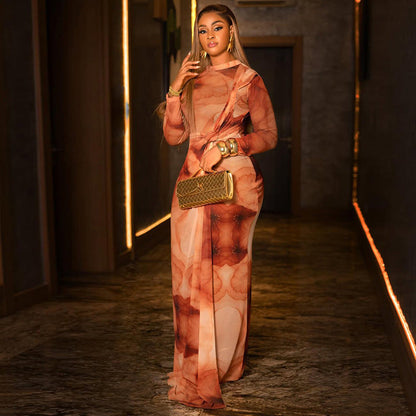 Home Retro Elegant Women Color Matching Hip Skirt round Neck Ladies Long Sleeves Autumn Winter Dress by Ragazza