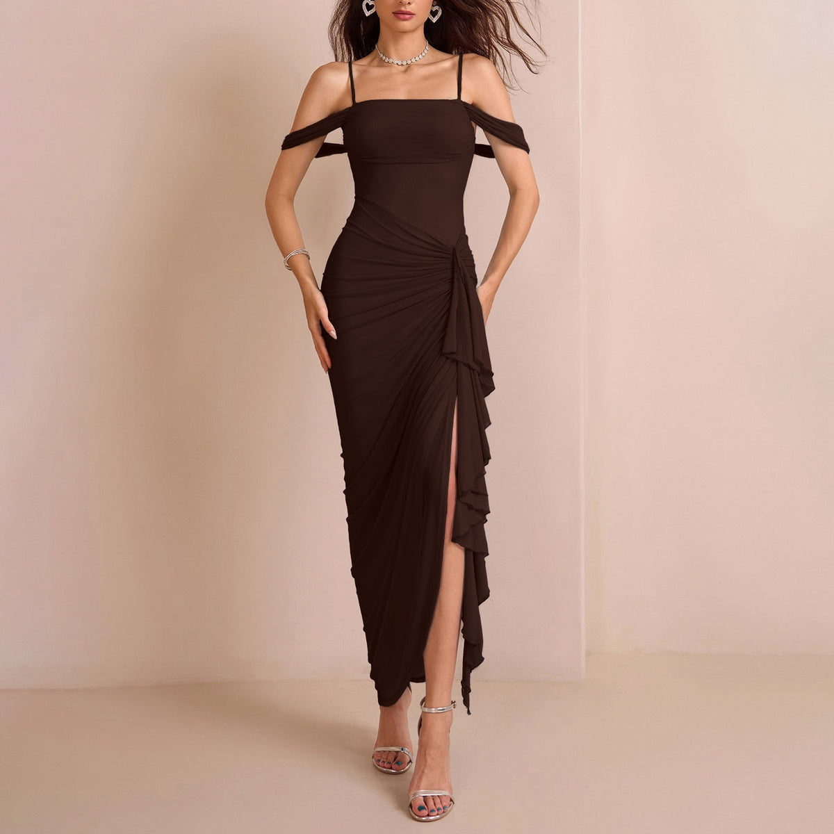 Mesh Camisole Dress Sexy Backless Waist Trimming Slimming Pleated Irregular Asymmetric Slit Dress  DestGlow