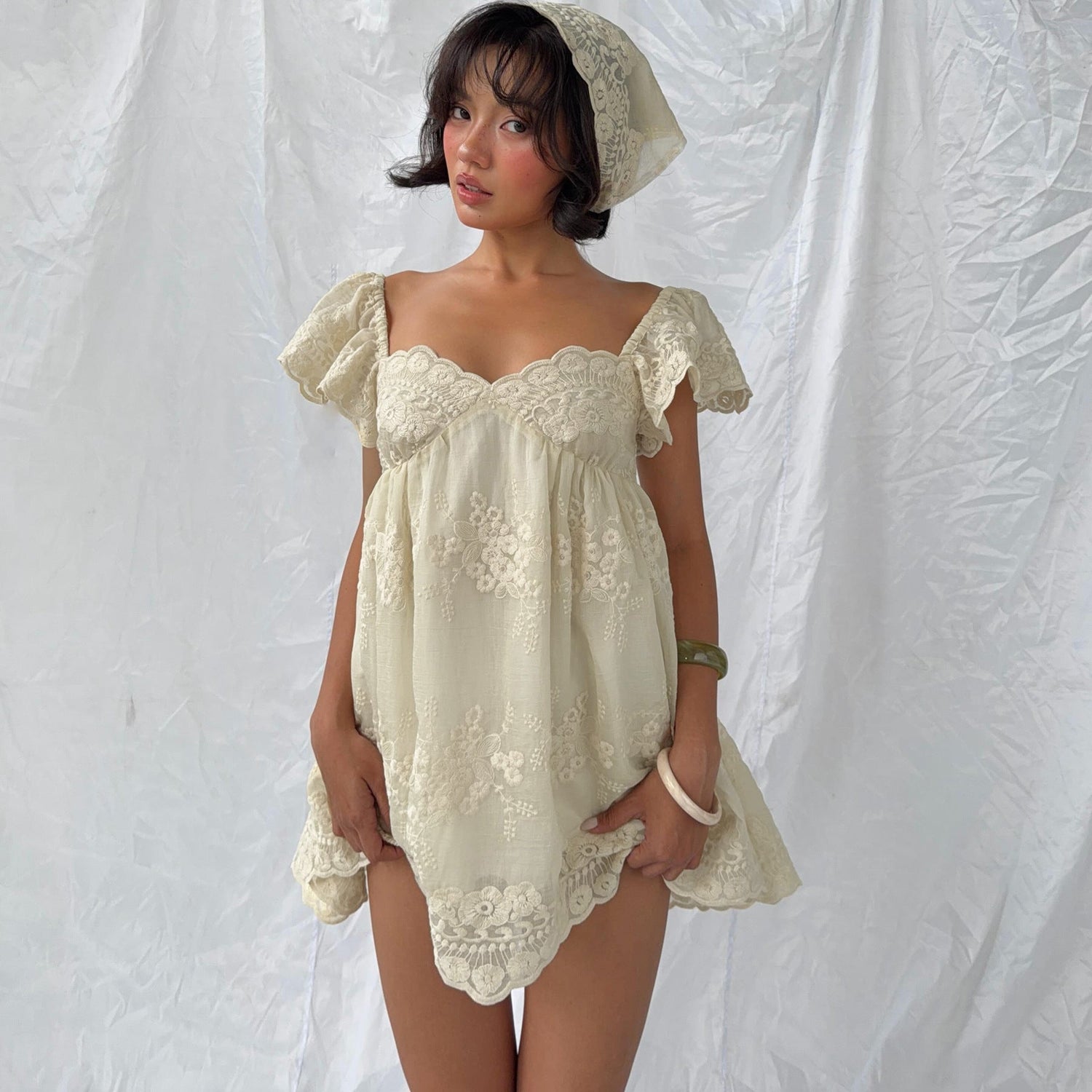 Women Clothing Summer Lace Embroidered Loose Puff Sleeves Sweet Elegance Dress  DestGlow