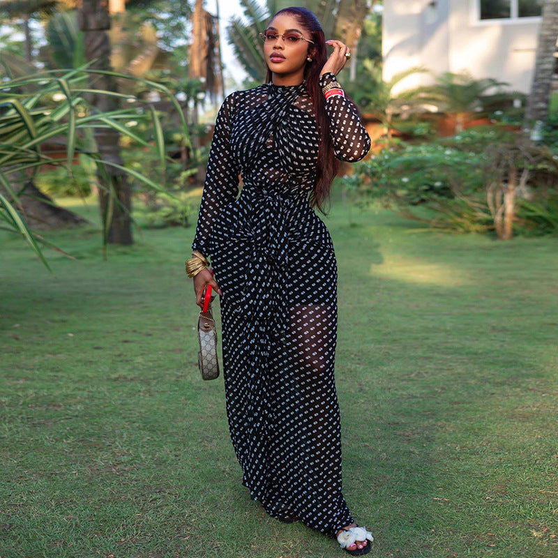 Outdoor Elegant Women Clothing Polka Dot Cinched Hip Dress Turtleneck Long Sleeve Travel Tight Dress by Ragazza