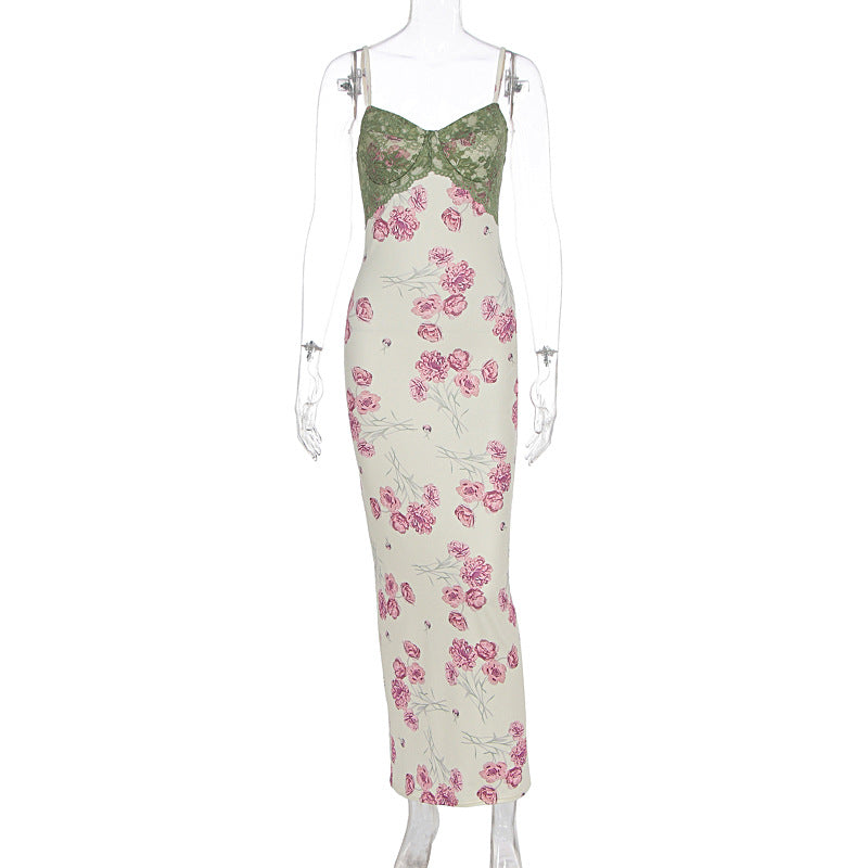 Summer Women Printed Lace Stitching Sexy Slim Hip Spaghetti Straps Dress by Ragazza