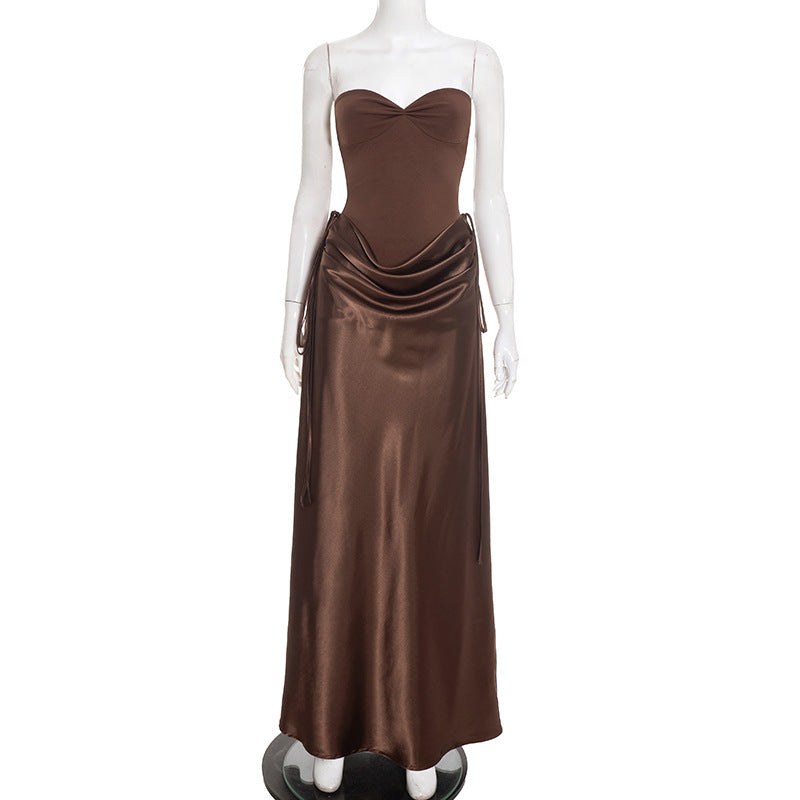 Women Autumn Winter Elegant Lady Tube Top Cinched Waist Lace up Sheath Dress Women by Ragazza