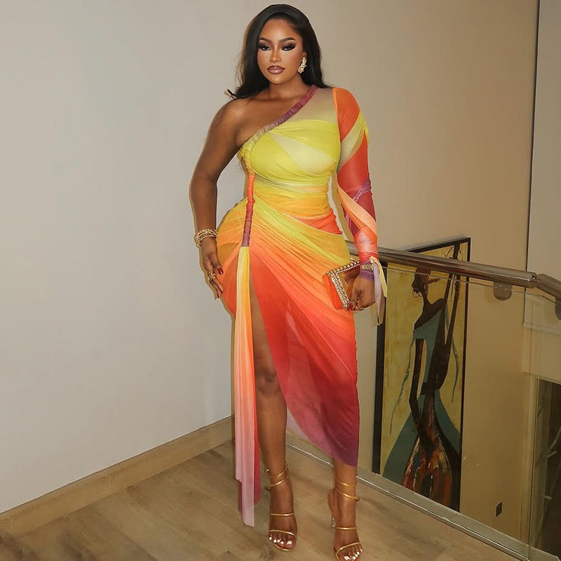 Women Clothing Pleated Color Matching Slit Slim Fitting Asymmetric Diagonal Collar Shoulder Long Sleeve Dress by Ragazza