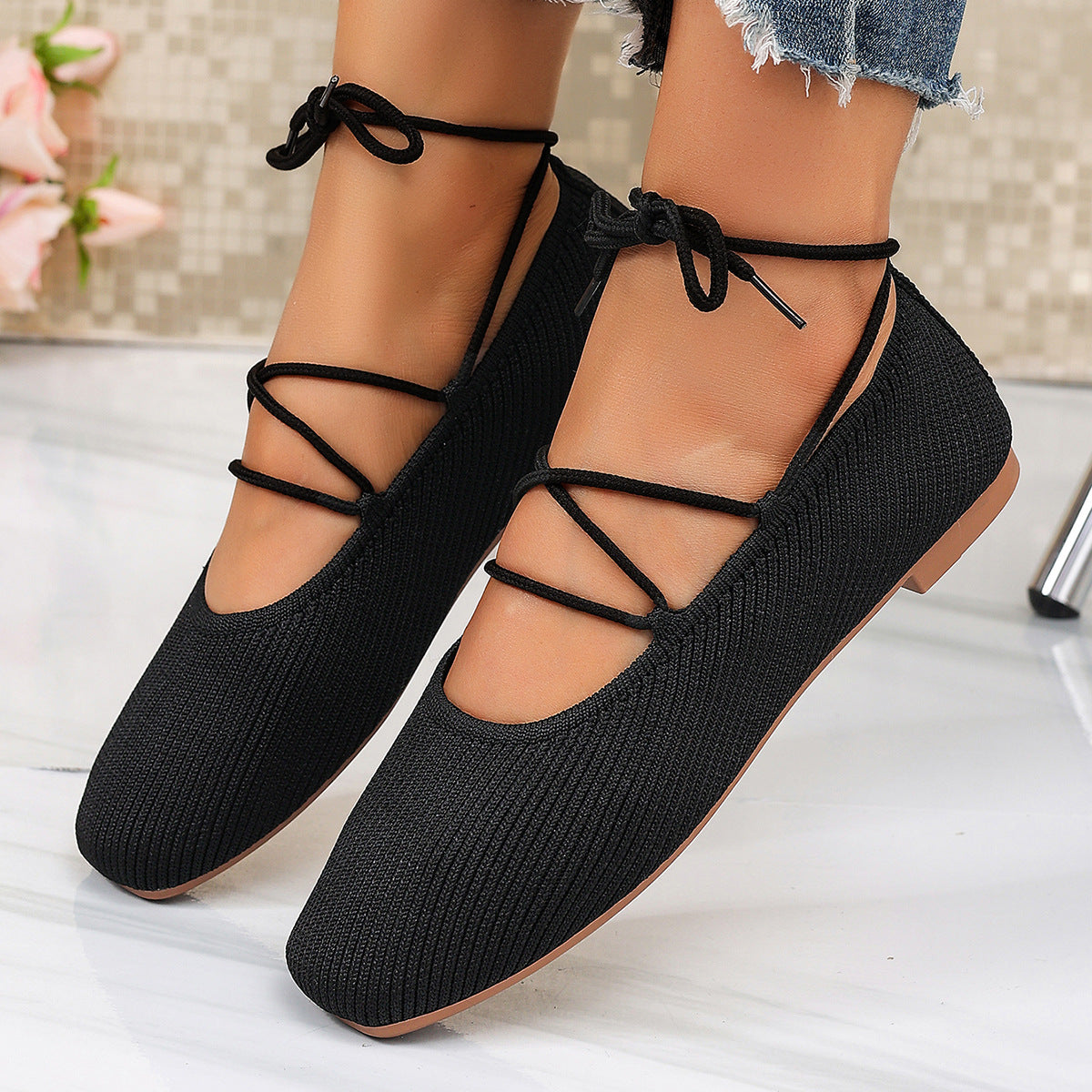 Arrival Square Toe Mary Jane Low Top Shoes Women Summer Flyknit Shallow Mouth Flat Bottom Lace up Boat Shoes