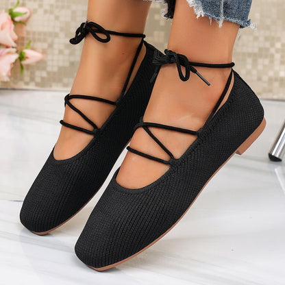 Arrival Square Toe Mary Jane Low Top Shoes Women Summer Flyknit Shallow Mouth Flat Bottom Lace up Boat Shoes