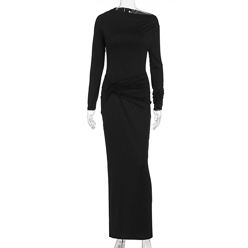 Fall Women Clothing Elegant Solid Color Long Sleeve Diagonal Collar Bow Ruffle Hip Dress by Ragazza