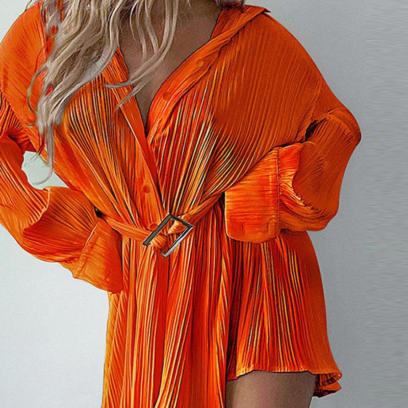 Spring Summer Popular Fashionable Pleated Long Sleeved Shirt Belt Dress by Ragazza